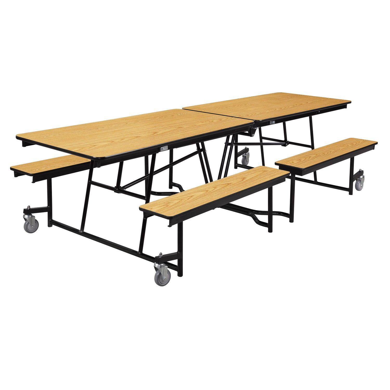Mobile Cafeteria Table with Benches, 10'L, Particleboard Core, Vinyl T-Mold Edge, Textured Black Frame