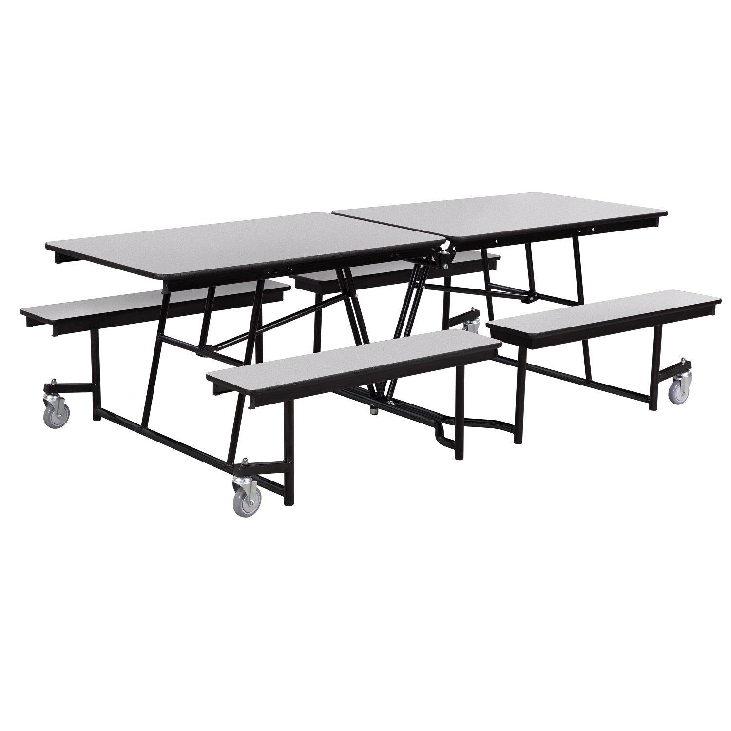 Mobile Cafeteria Table with Benches, 8'L, Plywood Core, Vinyl T-Mold Edge, Textured Black Frame