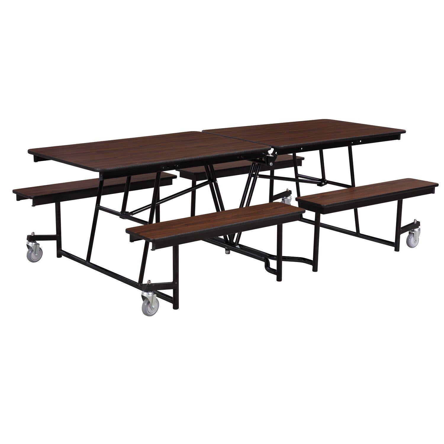 Mobile Cafeteria Table with Benches, 8'L, Particleboard Core, Vinyl T-Mold Edge, Textured Black Frame