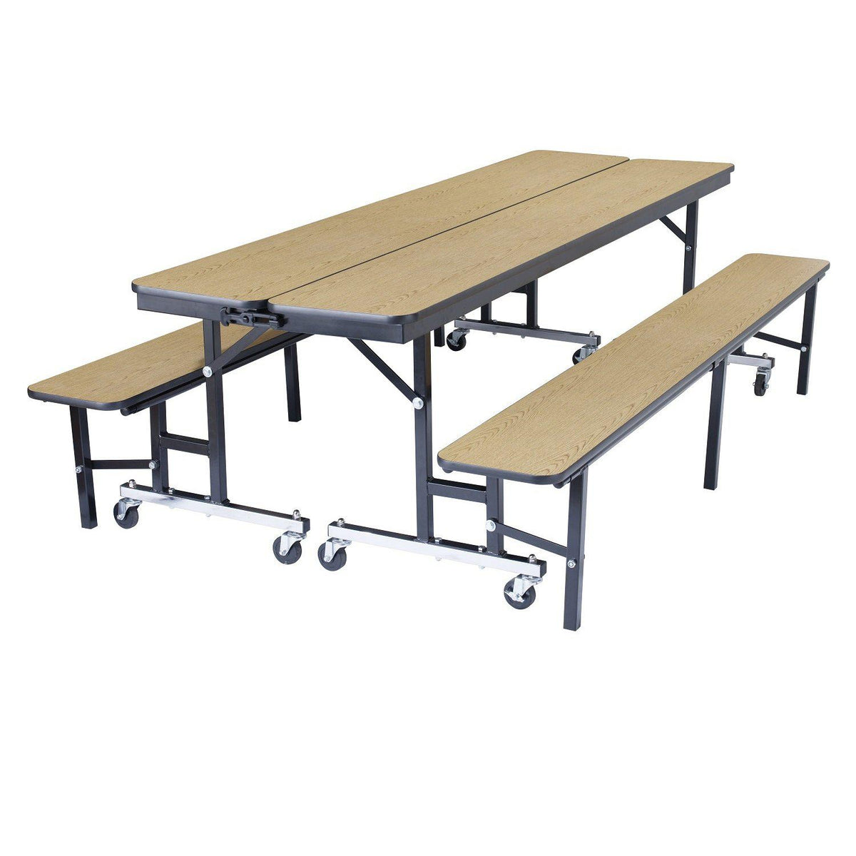 Mobile Convertible Bench Cafeteria Table, 8'L, Plywood Core, Vinyl T-Mold Edge, Textured Black Frame