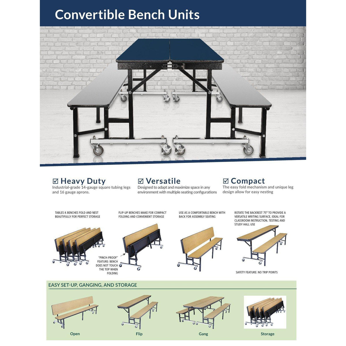 Mobile Convertible Bench Cafeteria Table, 8'L, Particleboard Core, Vinyl T-Mold Edge, Textured Black Frame