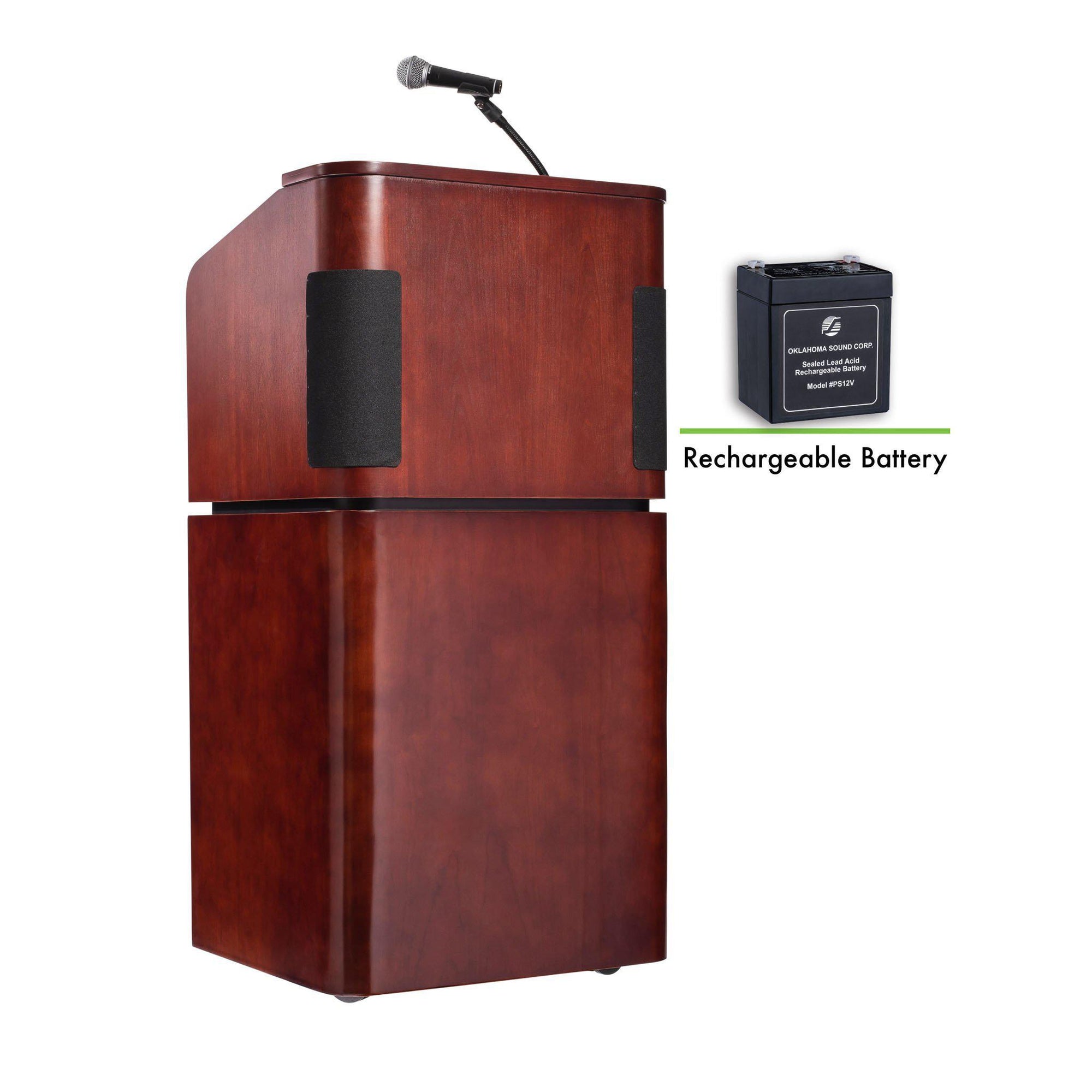 Oklahoma Sound® Contemporary Veneer Combo Sound Lectern and Rechargeable Battery, Mahogany on Walnut-Lecterns & Podiums-