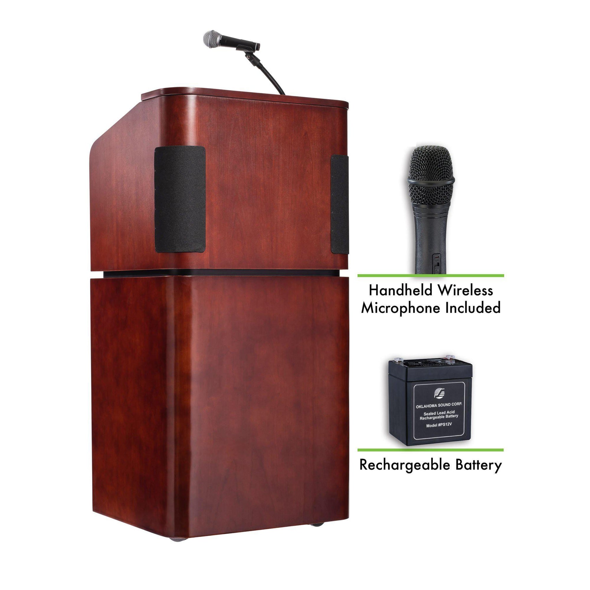 Oklahoma Sound® Contemporary Veneer Combo Sound Lectern and Rechargeable Battery with Wireless Handheld Mic, Mahogany on Walnut-Lecterns & Podiums-