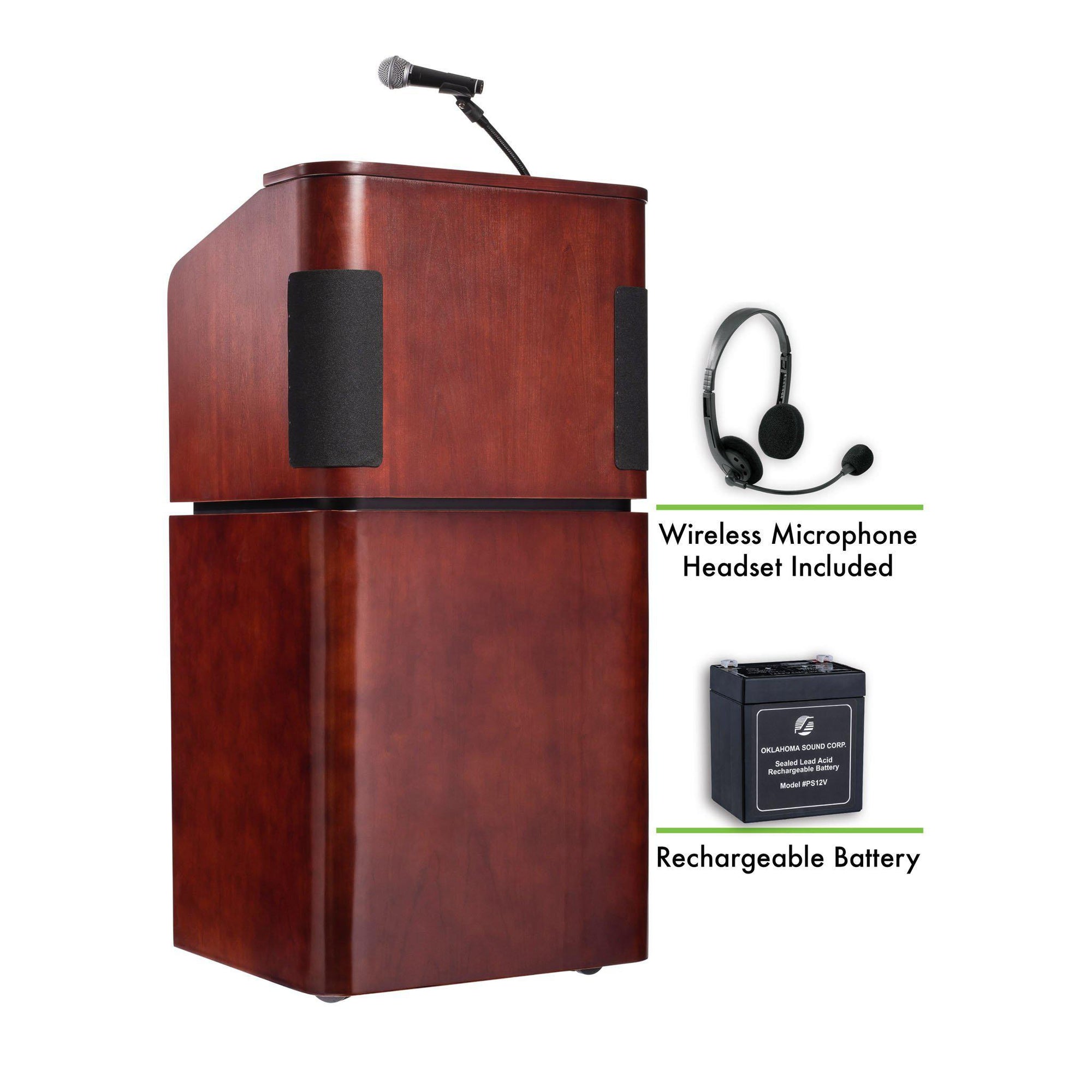 Oklahoma Sound® Contemporary Veneer Combo Sound Lectern and Rechargeable Battery with Wireless Headset Mic, Mahogany on Walnut-Lecterns & Podiums-