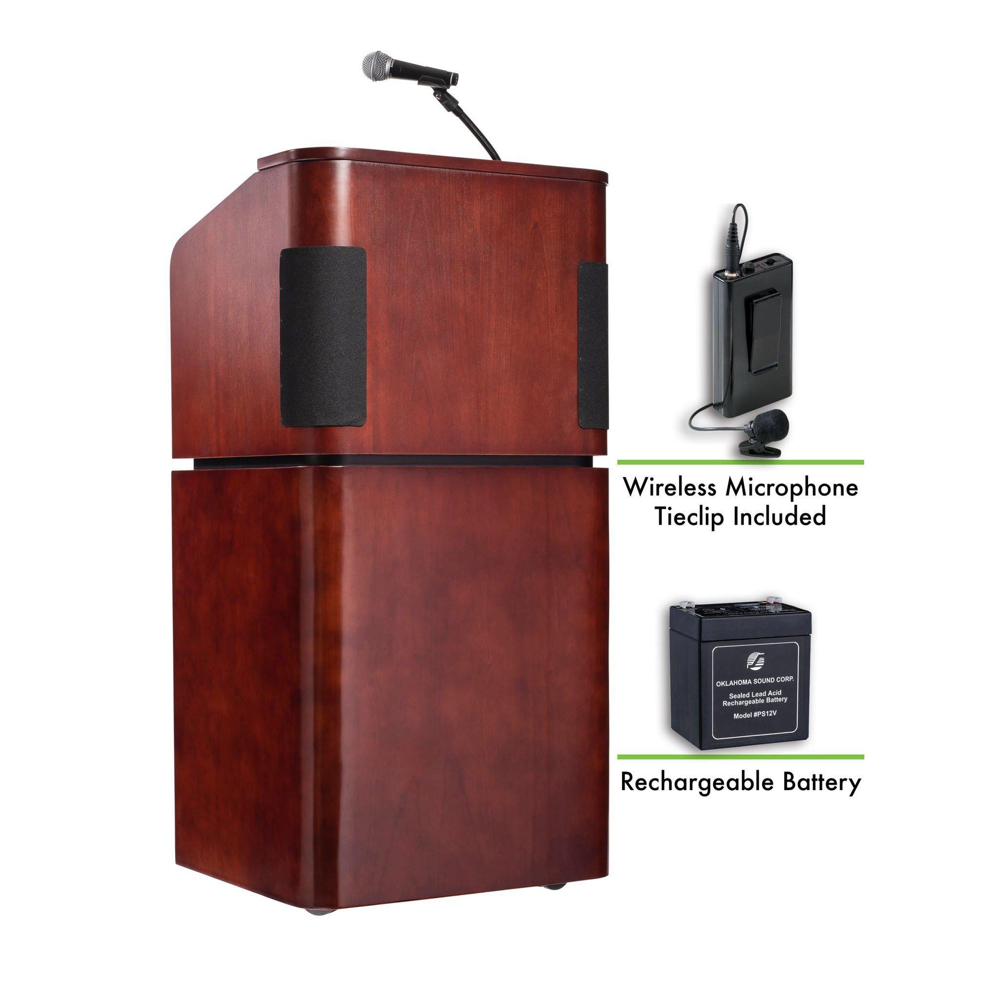 Oklahoma Sound® Contemporary Veneer Combo Sound Lectern and Rechargeable Battery with Wireless Tie Clip/Lavalier Mic, Mahogany on Walnut-Lecterns & Podiums-