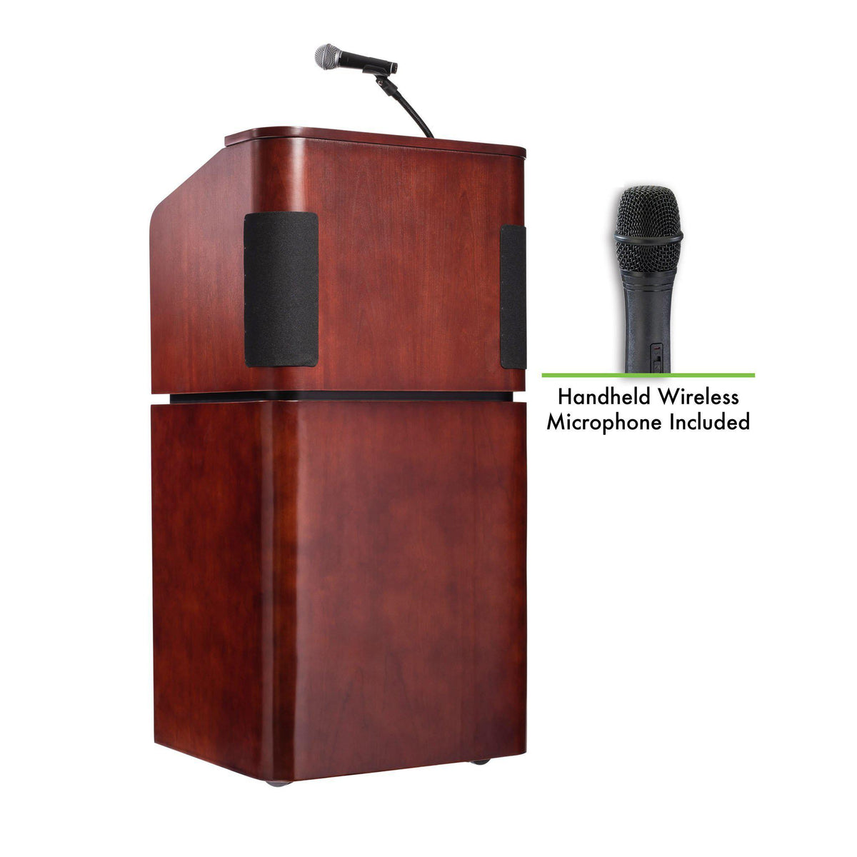 Oklahoma Sound® Contemporary Veneer Combo Sound Lectern with Wireless Handheld Mic, Mahogany on Walnut-Lecterns & Podiums-
