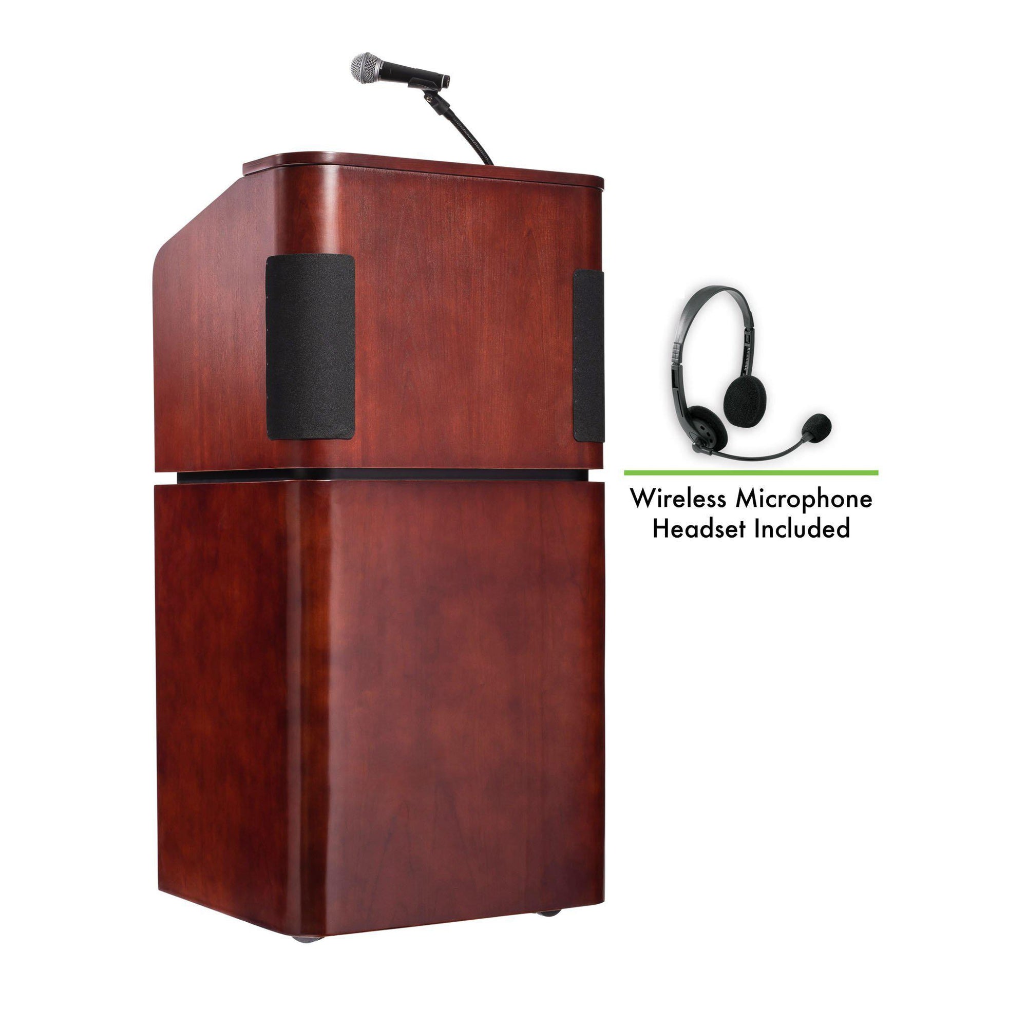 Oklahoma Sound® Contemporary Veneer Combo Sound Lectern with Wireless Headset Mic, Mahogany on Walnut-Lecterns & Podiums-