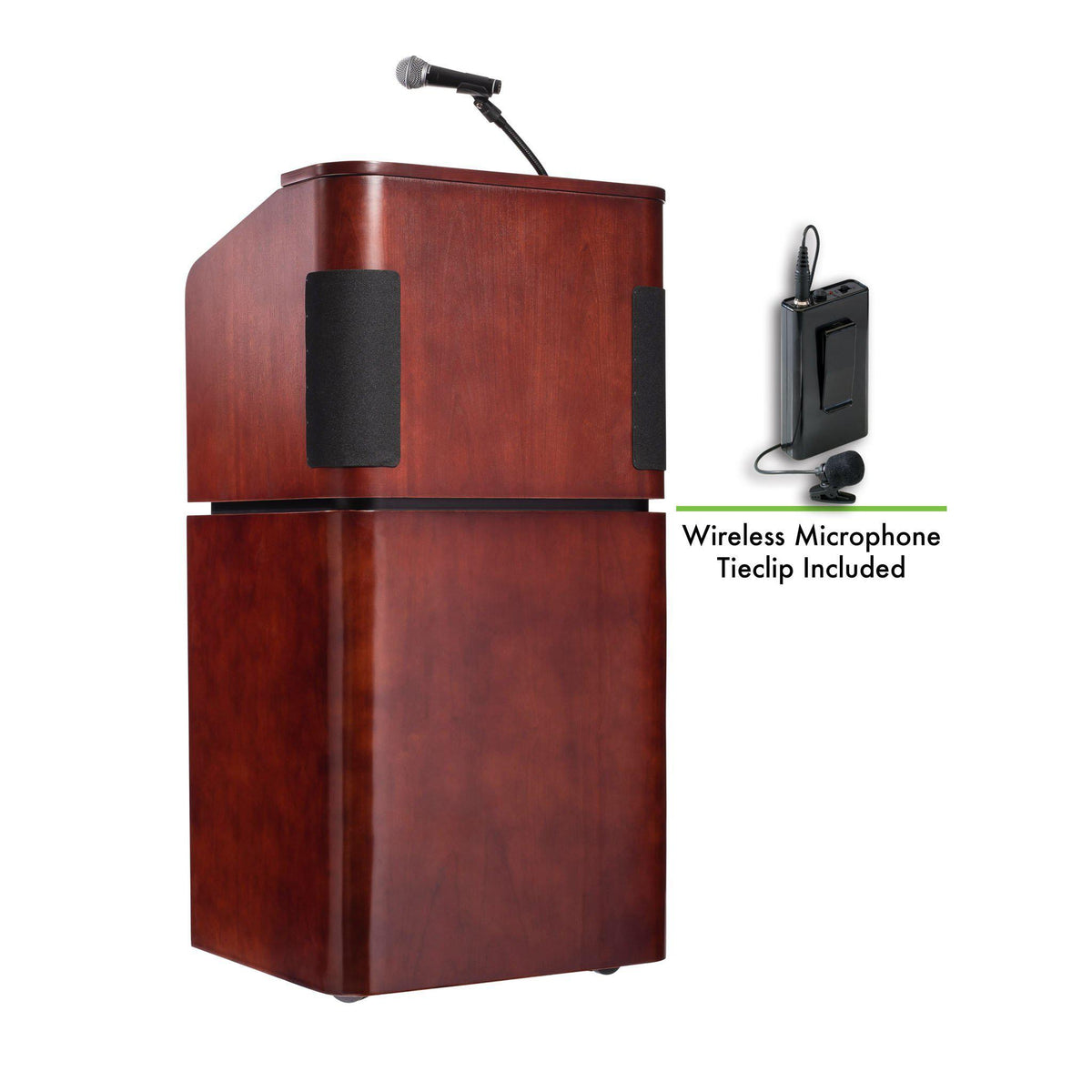 Oklahoma Sound® Contemporary Veneer Combo Sound Lectern with Wireless Tie Clip/ Lavalier Mic, Mahogany on Walnut-Lecterns & Podiums-