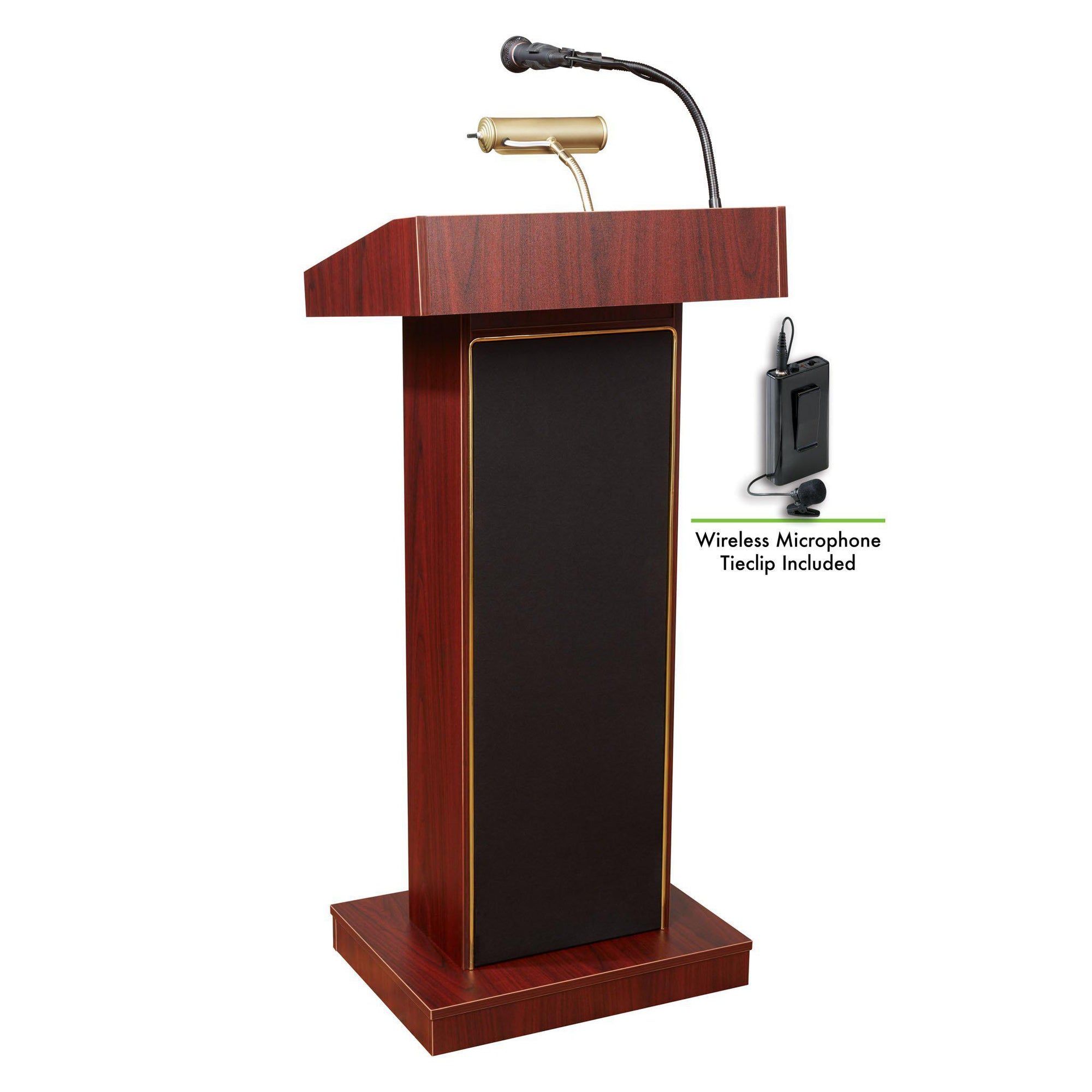 Oklahoma Sound® Orator Lectern with Wireless Tie Clip/Lavalier Mic-Lecterns & Podiums-Mahogany-