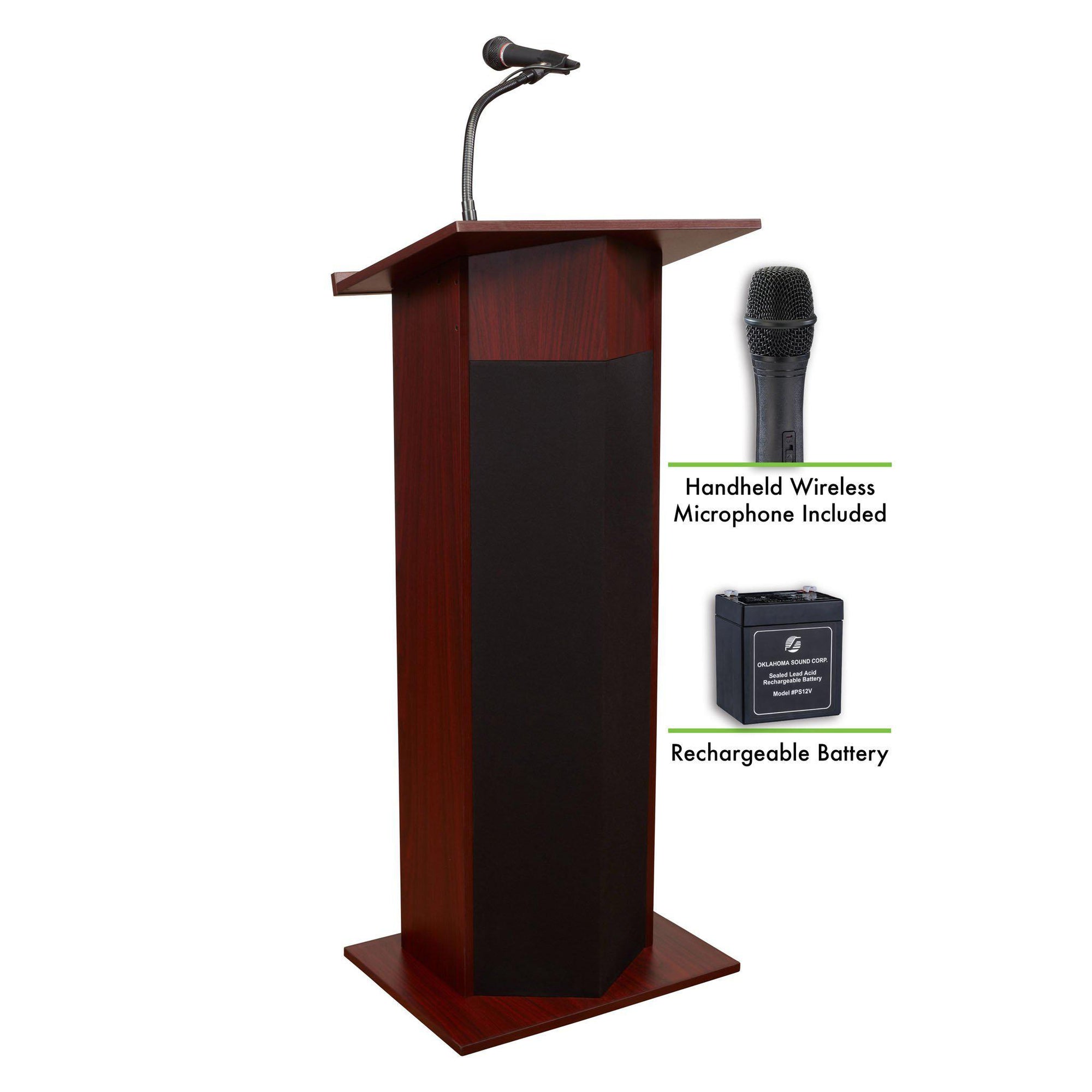 Oklahoma Sound® Power Plus Lectern and Rechargeable Battery with Wireless Handheld Mic-Lecterns & Podiums-Mahogany-