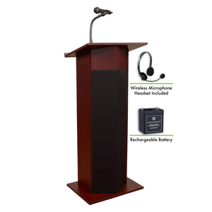 Oklahoma Sound® Power Plus Lectern and Rechargeable Battery with Wireless Headset Mic-Lecterns & Podiums-Mahogany-