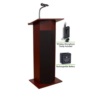Oklahoma Sound® Power Plus Lectern and Rechargeable Battery with Wireless Tie Clip/Lavalier Mic-Lecterns & Podiums-Mahogany-