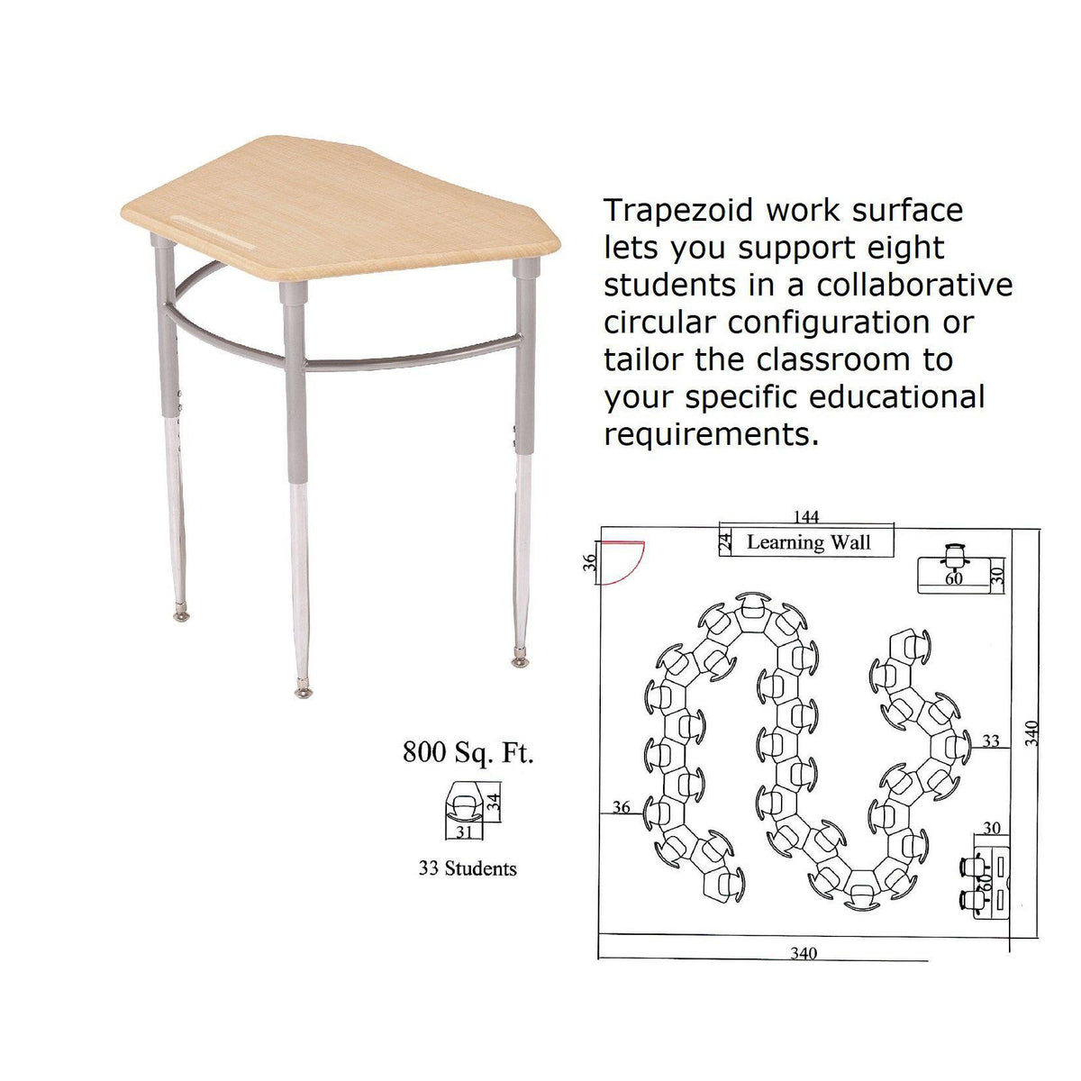 Kaleidoscope Collaborative Learning Adjustable Height Trapezoid 8 Desk with Solid Plastic Top
