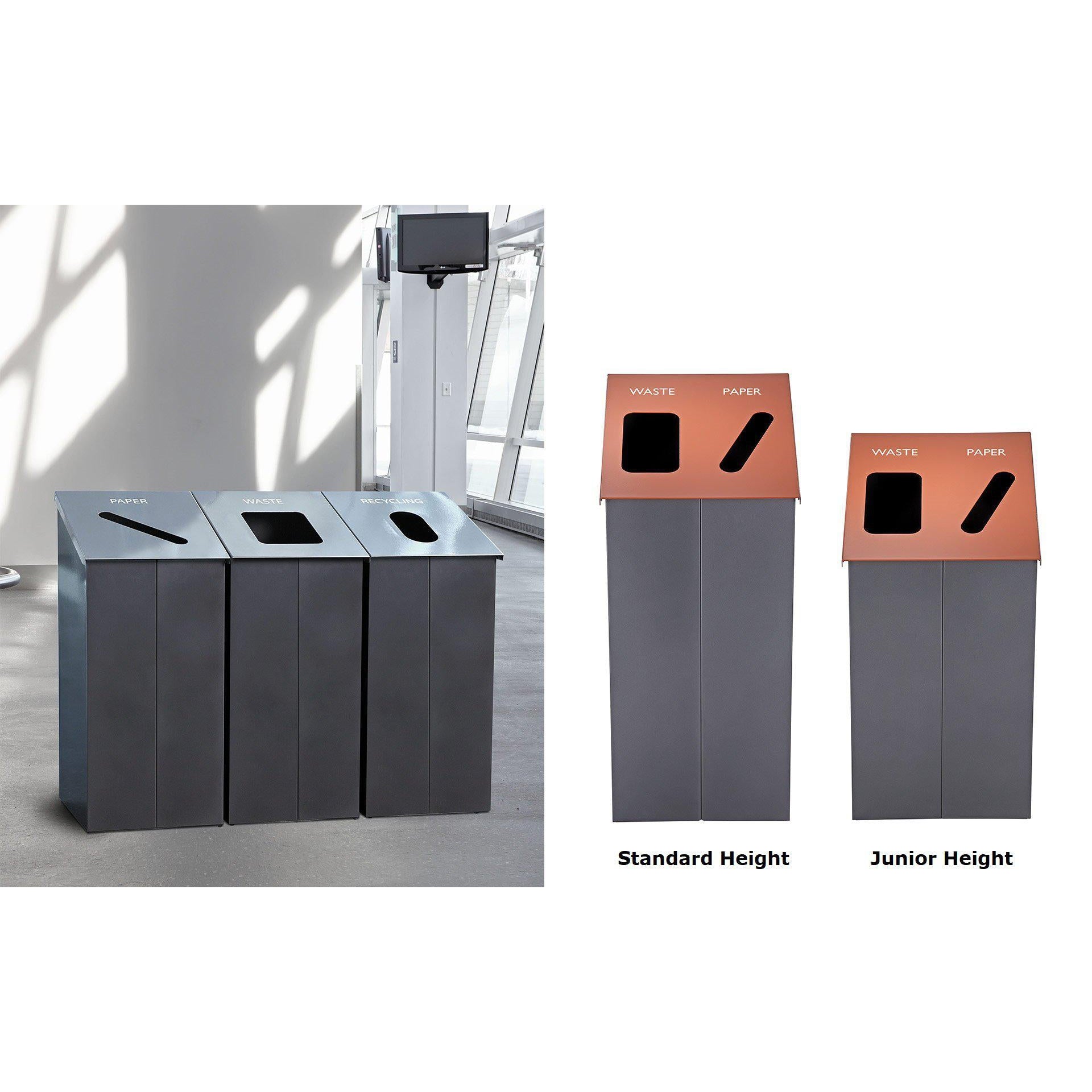 Slope Junior Height Painted Steel 32-Gallon Waste Receptacle with Double Top Openings and Internal Rigid Liners